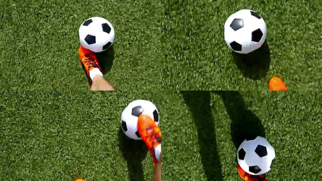 足球运动员用橙色的鞋子带球，顶视图