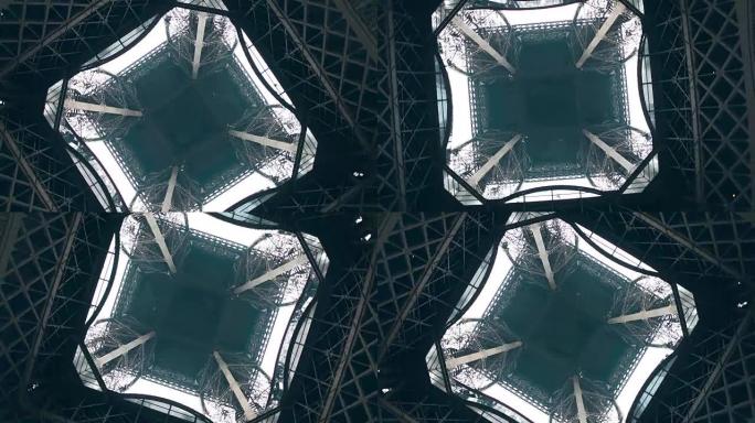 埃菲尔铁塔，从下面看中心。对称性或工程概念。全高清旋转镜头