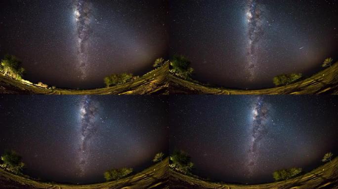 纳米比亚纳米布沙漠山脉外明亮的银河系和星空的明显旋转。鱼眼视图。延时视频。