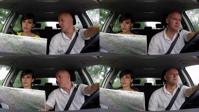 迷失的男人和女人在汽车上使用地图作为方向