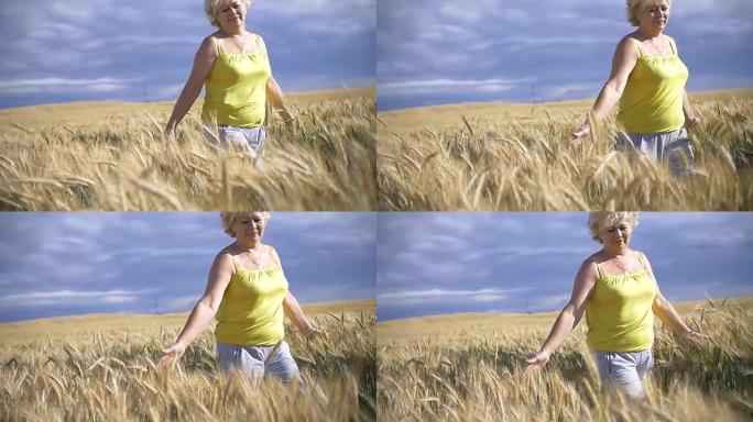 女人走在大麦的金色田野里，微笑着，慢动作