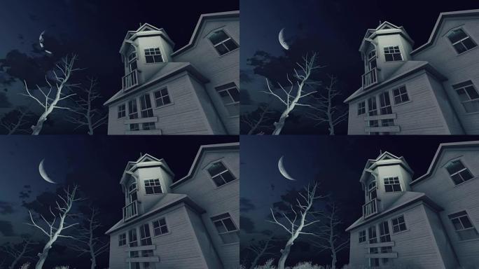 废弃的鬼屋和带有大半月的夜空