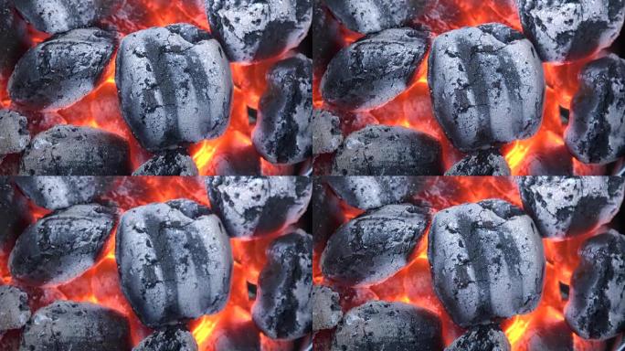 烧烤派对，将木炭倒入火中