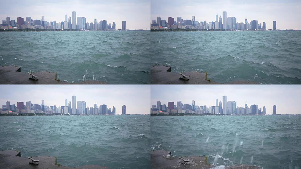 溅水的密歇根湖慢动作水芝加哥天际线