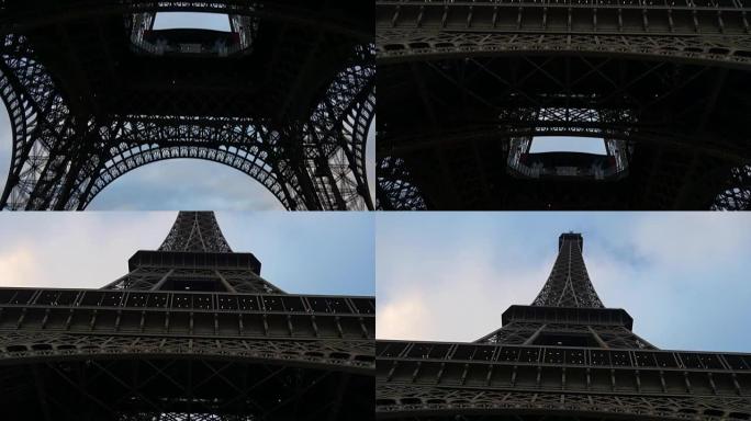 法国日落天空巴黎市埃菲尔铁塔售票点拥挤全景4k