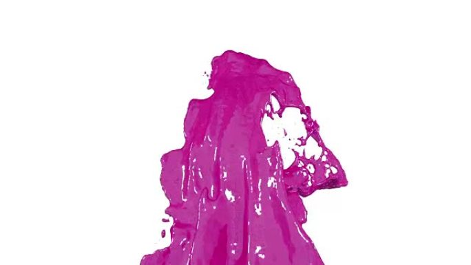 喷泉的紫色油漆流在空气中飞起，并有许多飞溅。拍摄紫色液体作为汽车油漆或慢动作颜色，阿尔法通道作为亮度