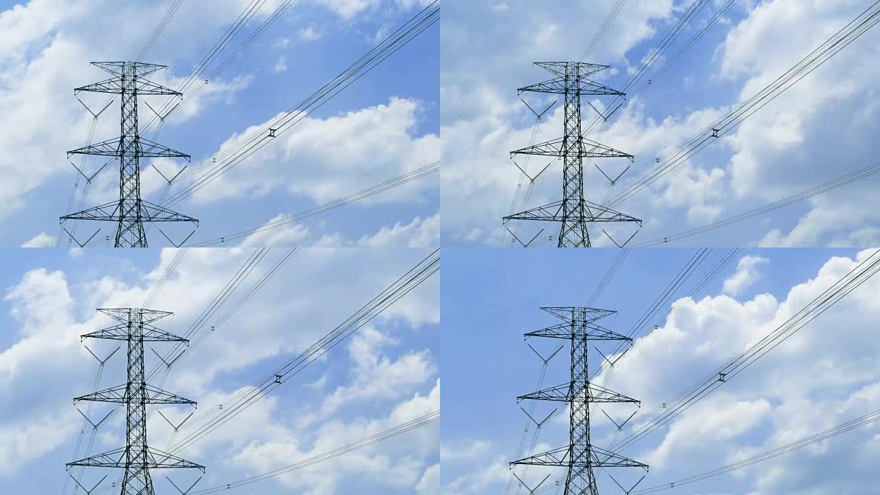 高高的电桅杆抵御阳光和多云的天空延时