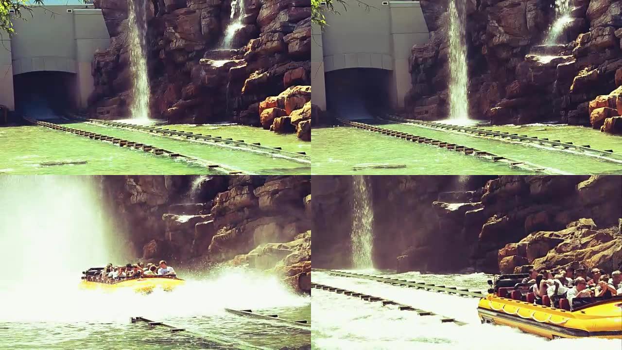 从山上起飞的火车对着瀑布。