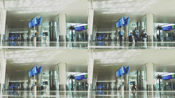 阿拉伯联合酋长国迪拜-迪拜机场时间流逝，步行的人和游客