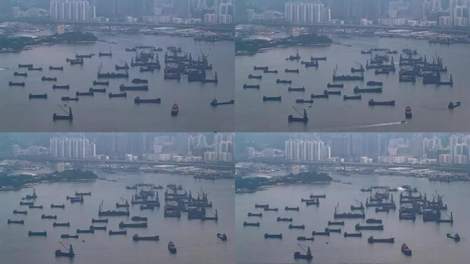 维多利亚港和香港港口从维多利亚山顶延时与多艘船