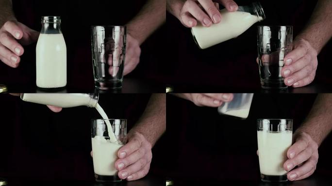男人的手将牛奶倒入玻璃杯中