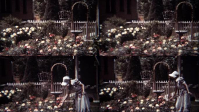 1939年:戴着白色帽子在前院种玫瑰花的妇女。