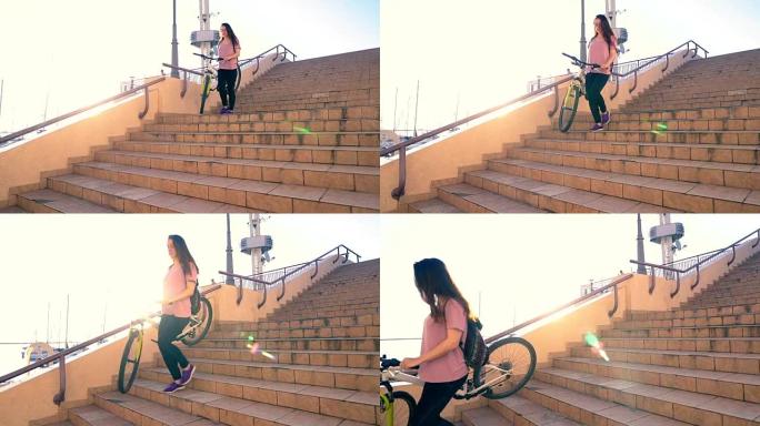 美女骑自行车上楼梯