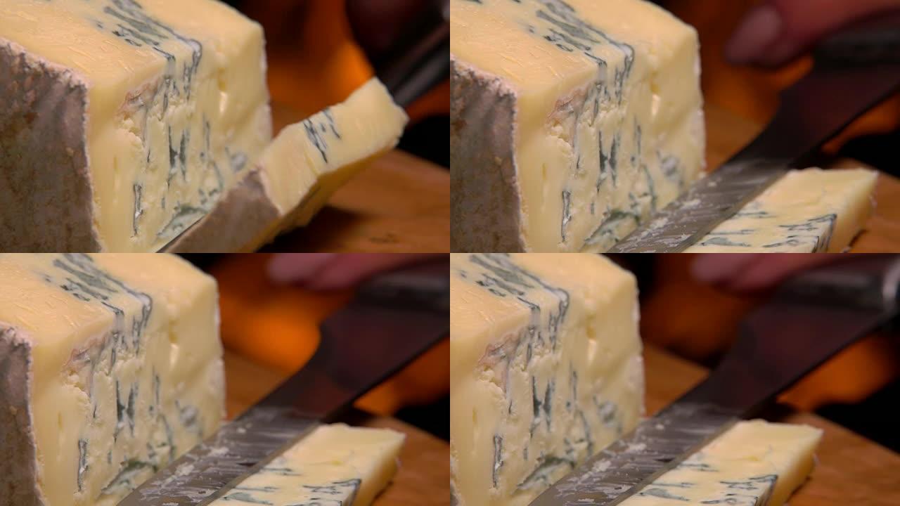 蓝色奶酪落在木板上的慢动作
