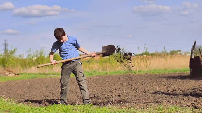 男孩农民疲倦地在干燥的地面上挖旧的脏铲视频慢动作