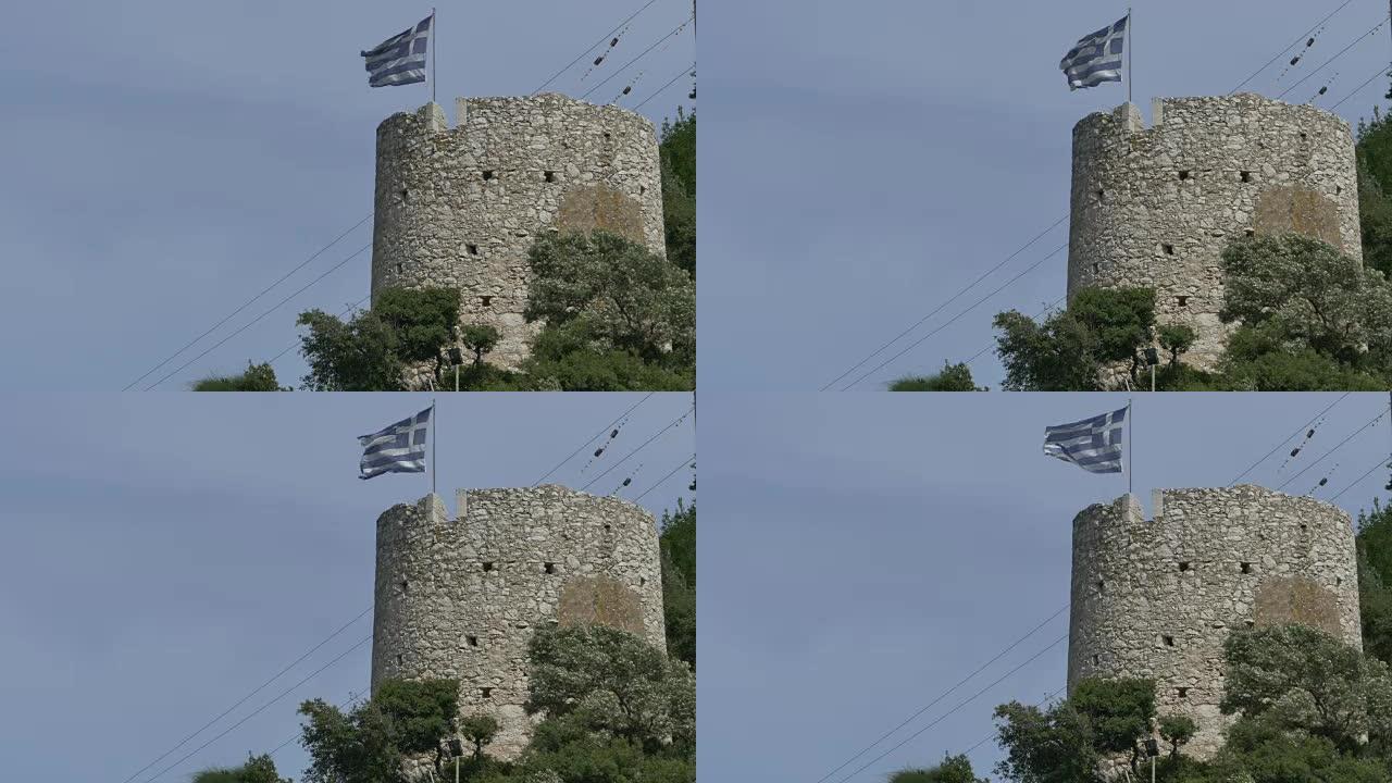 希腊中世纪的塔和旗
