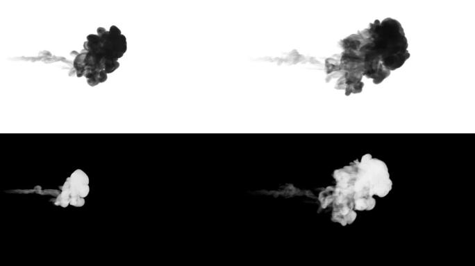 一股墨水流，注入黑色染料云或烟雾，墨水以慢动作注入白色。水中的黑色云。漆黑的背景或烟雾背景，用于墨水