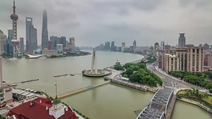 中国上海屋顶空中河湾交通河桥全景4k延时