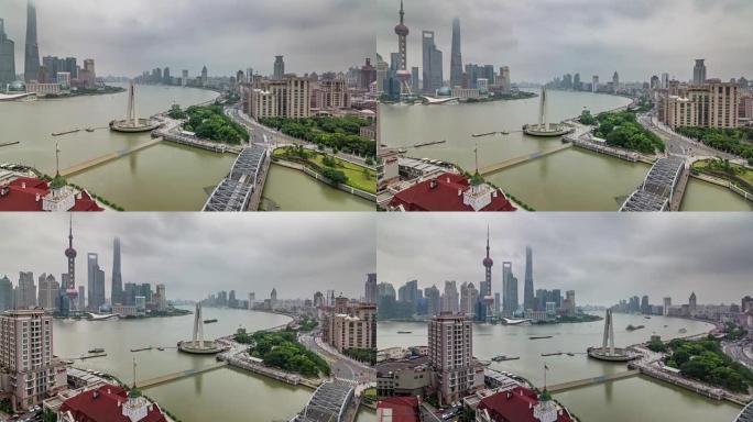 中国上海屋顶空中河湾交通河桥全景4k延时