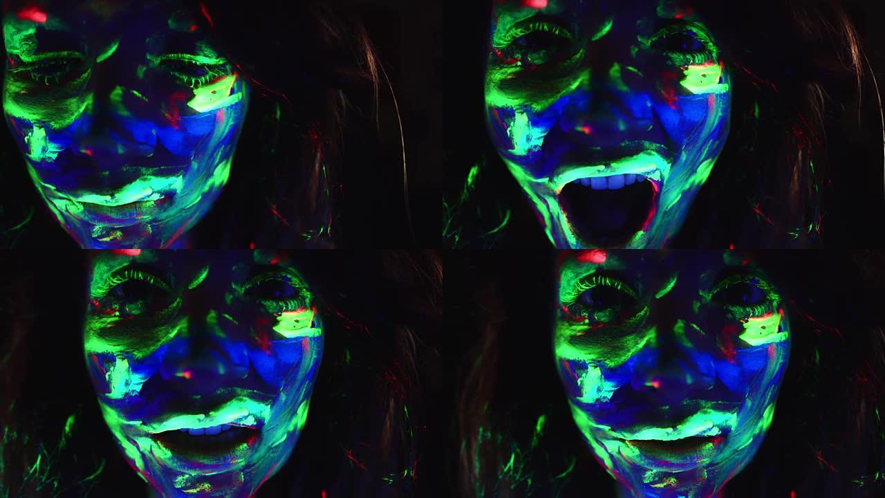 4K迪斯科霓虹UV涂料尖叫的女人