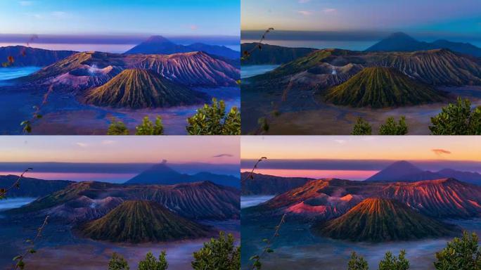 全高清延时。布罗莫火山上空的日出。印度尼西亚东爪哇-2015年7月25日