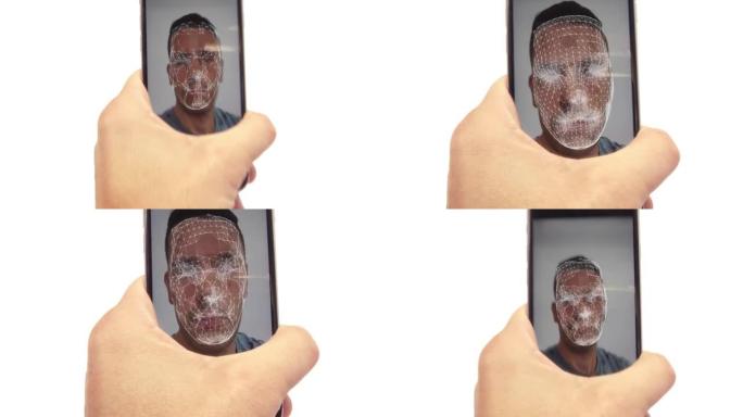 男性使用带有面部识别和安全软件的最新手机
