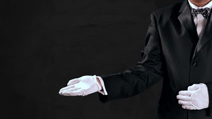 燕尾服人手势，张开的手向中央屏幕显示，深灰色背景