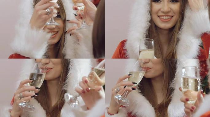 靠近女孩的手，用香槟和饮料敬酒。慢慢地