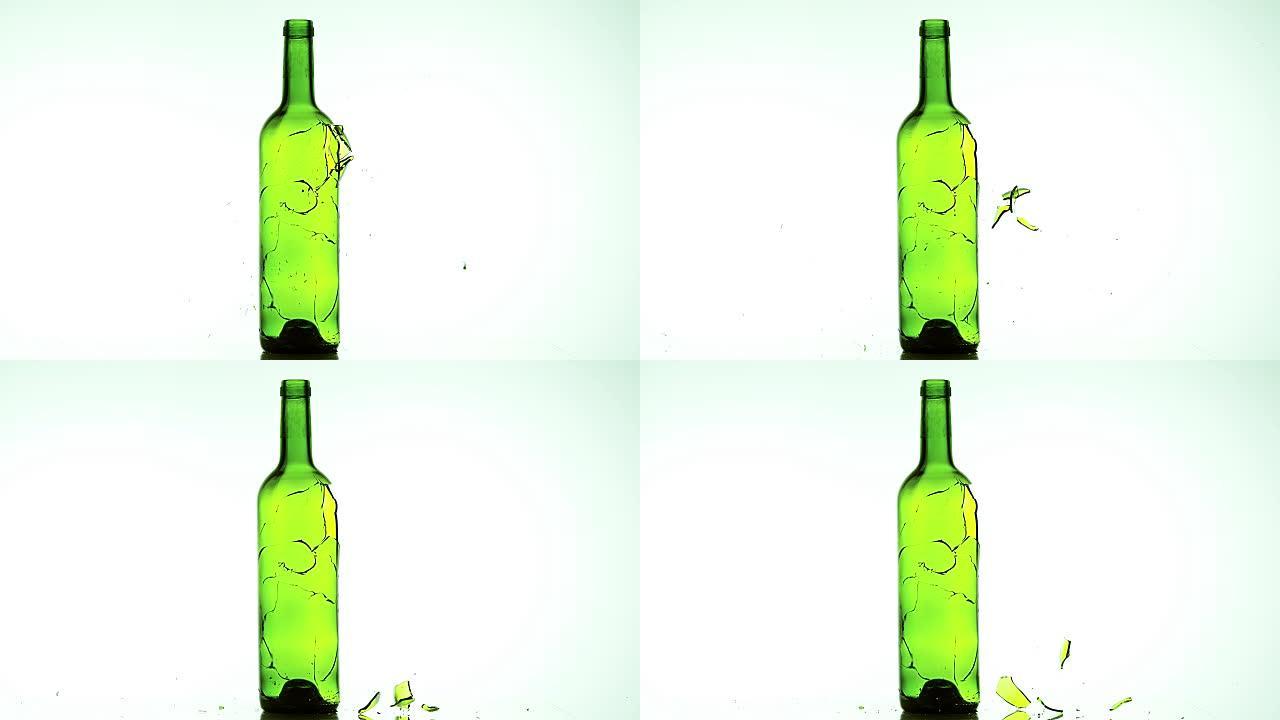 一瓶葡萄酒在白色背景下破裂爆炸，慢动作4K