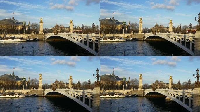 法国晴天巴黎市著名塞纳河大桥大皇宫全景4k