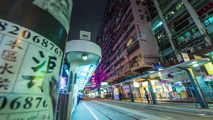 中国香港夜灯电车站4k延时