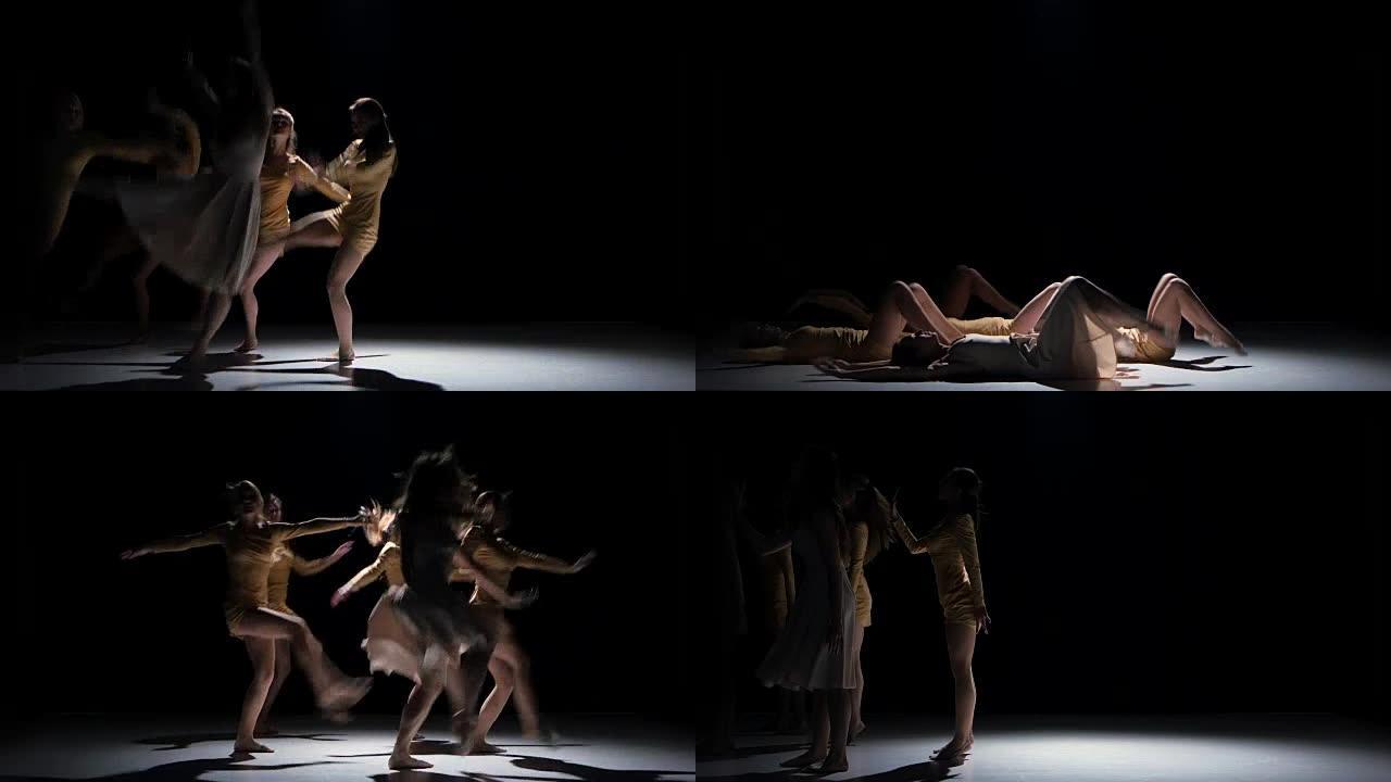 五个美丽的女孩在黑色，阴影上跳舞现代当代舞蹈