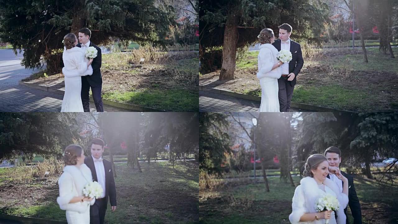 婚礼当天，新娘和新郎在公园里