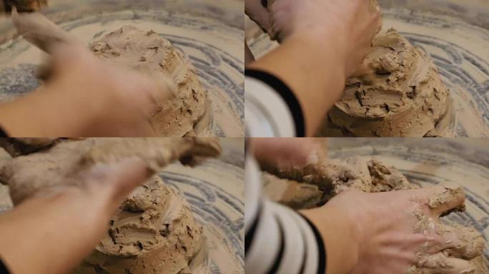雕塑家正在用粘土制作陶器