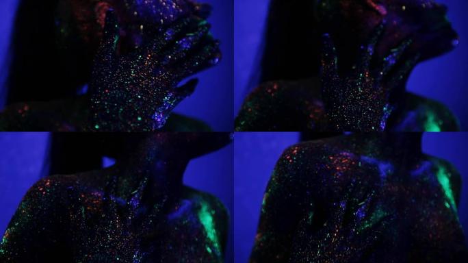 女孩在紫外线下用化妆纸巾擦脸