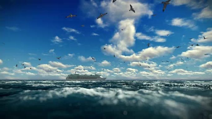 游轮在美丽的延时云层中航行，海鸥飞翔，声音包括在内