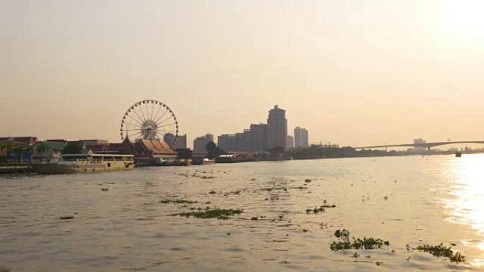 日落曼谷湄南河渡船乘坐摩天轮全景4k泰国