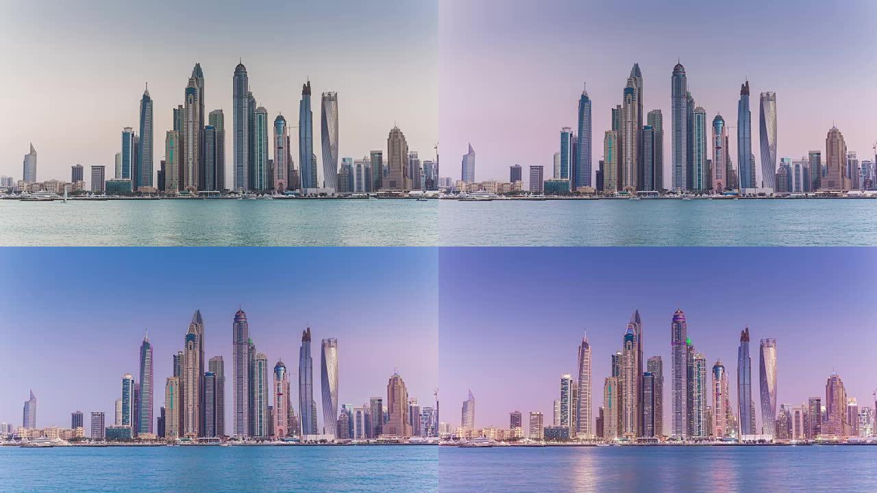 阿拉伯联合酋长国日落迪拜市滨海湾著名棕榈全景4k延时阿联酋