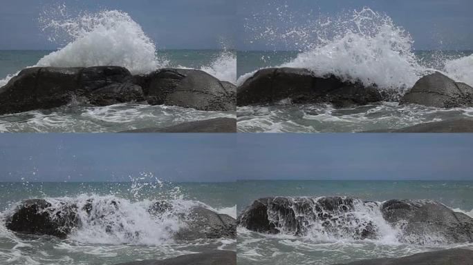 波浪撞击岩石慢动作