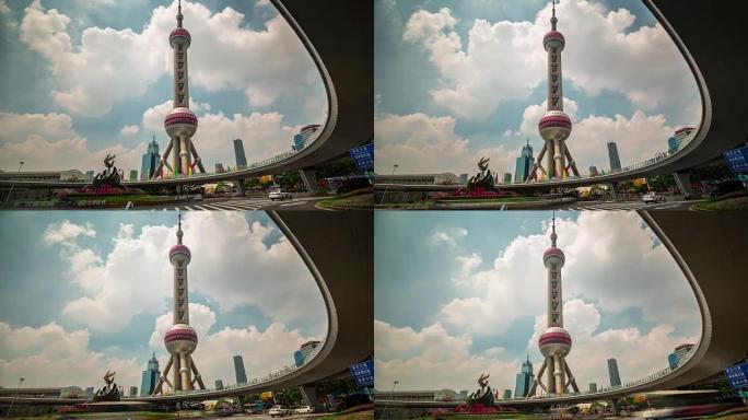 中国上海城市最著名的建筑东方明珠塔交通广场4k时间流逝