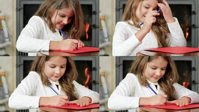 小女孩写道，孩子在纸上画笔，可爱的女孩坐在壁炉旁，家里客厅的木桌着火