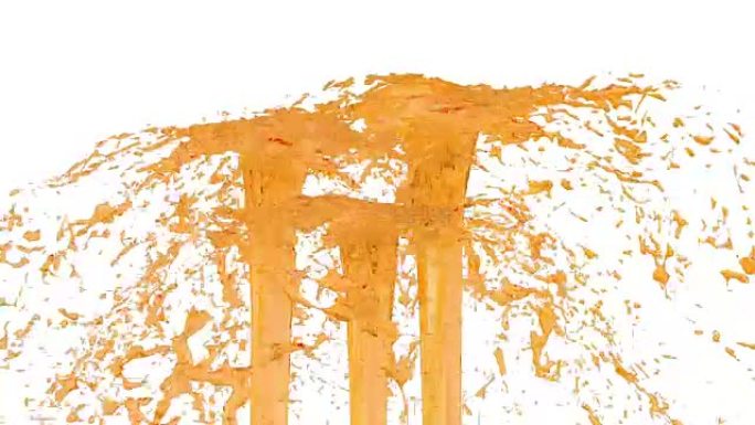 橙色的喷泉流在空气中飞起，并有许多飞溅。慢动作拍摄橙色液体，如糖浆或甜柠檬水，阿尔法通道为luma哑