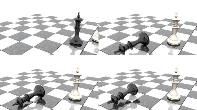 3d动画: 运动场上的两个国际象棋人物。白王是赢家，而输家黑人则俯卧在他的脚下。跌。大理石棋盘游戏。