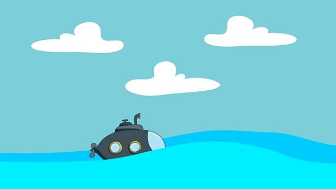 在海浪之间的大海中航行的卡通潜艇