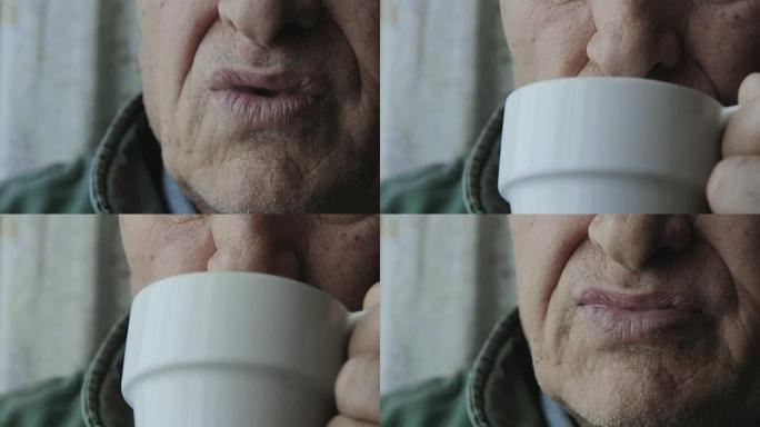 体贴的老人喝咖啡