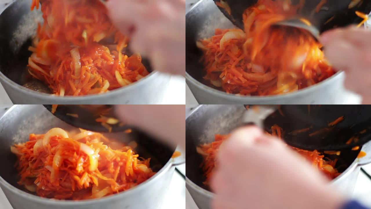 炖胡萝卜，洋葱，番茄酱在平底锅中蒸。素食