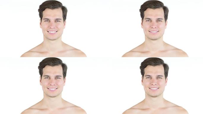 肖像英俊的男子与大微笑赤膊