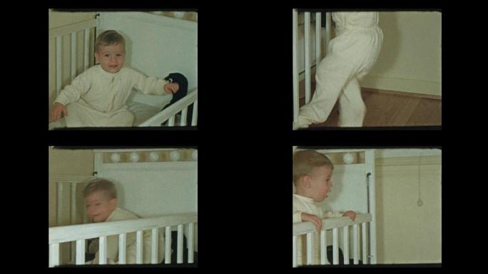 肖像和可爱的小男孩学会了如何爬进婴儿床