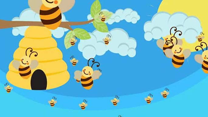 蜜蜂蜂巢和许多蜜蜂在美好的一天飞翔