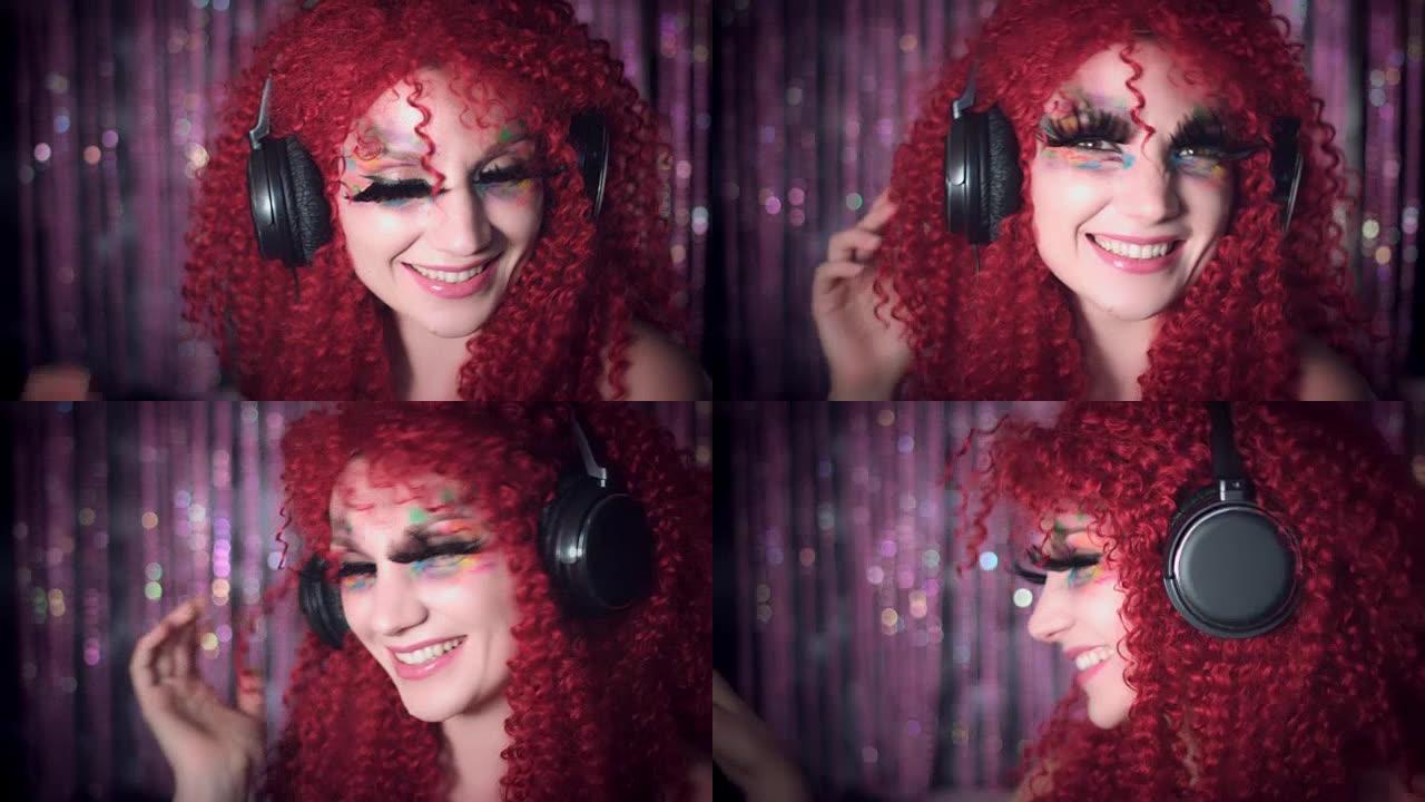 4k迪斯科红发性感女人戴着黑色耳机跳舞